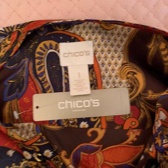 Chico's Women's Top Sz S Paisley Peasant  Lace Up Asymmetrical  Orange Brown - Picture 9 of 12